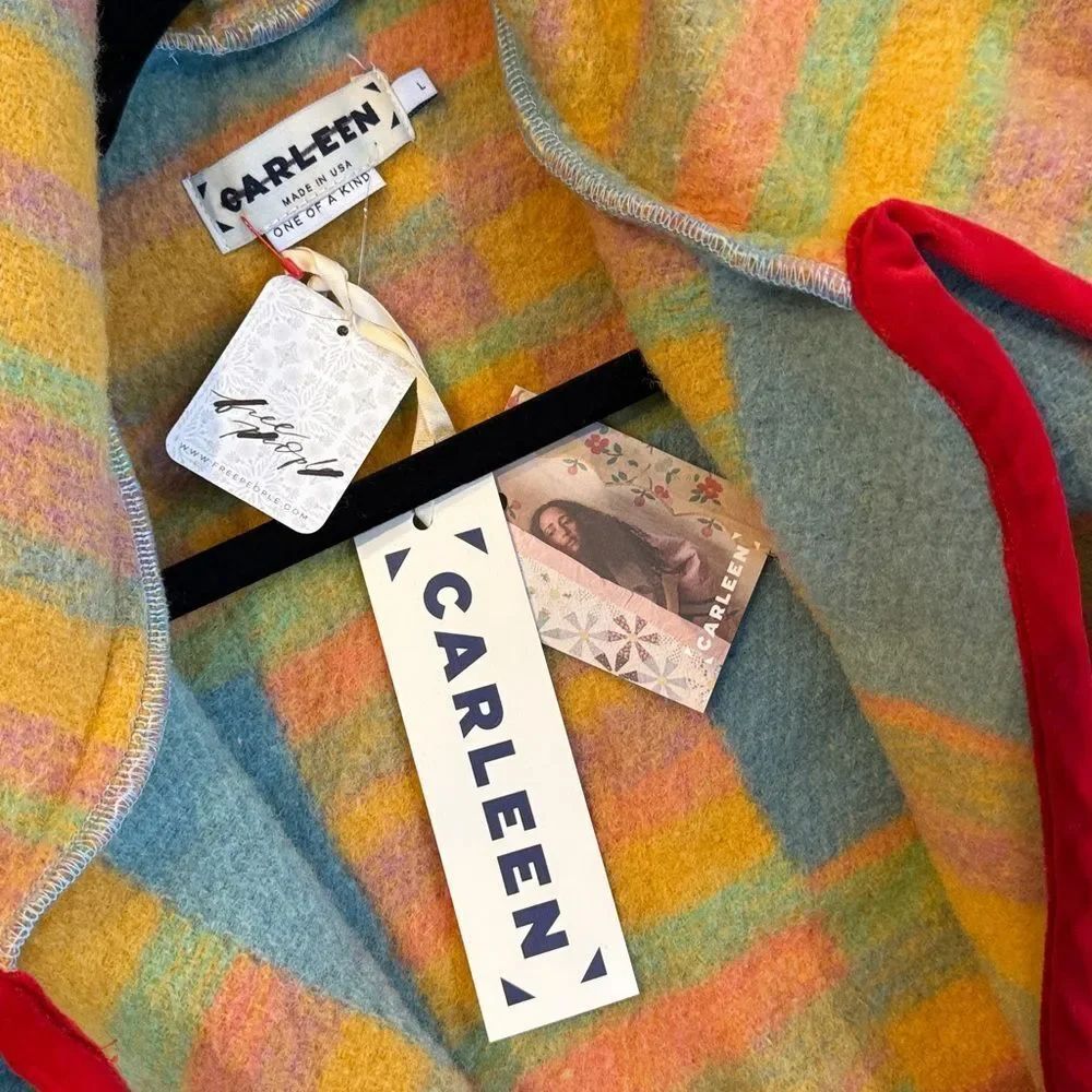 Carleen Free People One-Of-A-Kind Plaid Wool Scarf Jacket Tan, Blue & Red — image 5 of 5